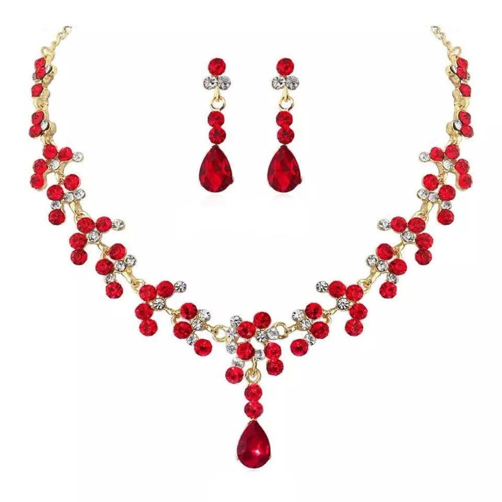 NWT - Elegant Red Crystal Necklace and Earring Set